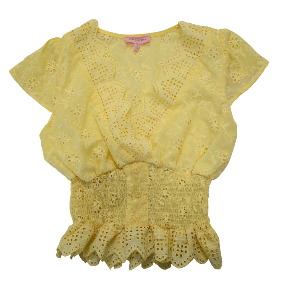 Rose and Grey Yellow Eyelet Smocked Waist Peplum Blouse Womens Small Flutter